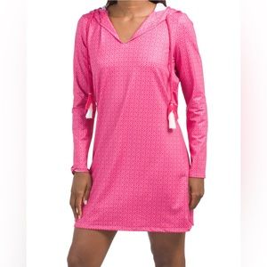 NWT CABANA LIFE Pink Preppy Geo Drawstring Hooded Cover-up Swim Dress UPF 50